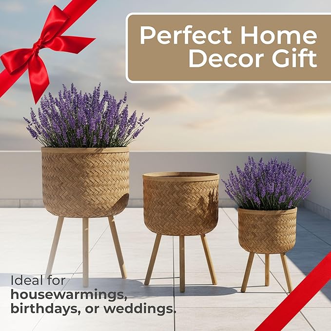 Set of 3 Bamboo Pot Planter with Stand – Modern Wooden Planters with Stand for Indoor/Outdoor, Stylish Hallway Home Decor & Garden– Standing Raised Floor Pot for Display -11/13/15", Brown