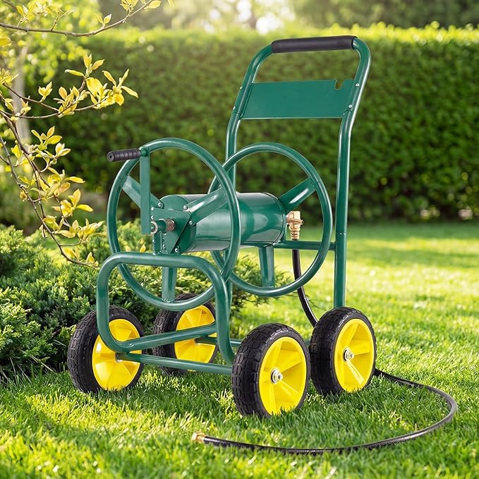 Garden Hose Reel Cart, Mobile Water Hose Cart with Heavy-duty Metal Frame & 4 Solid Wheels, Hold up to 330 ft of 5/8" Hoses, Outdoor Planting Tool for Lawn & Backyard (Green)