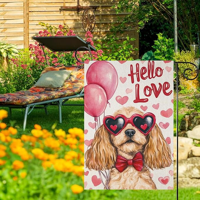 Valentine's Day Cocker Spaniel Hello Love Garden Flag, House Yard Plaid Love Heart Outside Decoration, Spring Holiday Wedding Anniversary Outdoor Small Decor 12x18(12643)