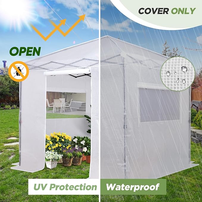 EAGLE PEAK Replacement Cover for 8x8 Portable Walk-in Pop up Greenhouse, Front and Rear Roll-Up Zipper Entry Doors and 2 Large Roll-Up Side Windows (Frame Not Included), White