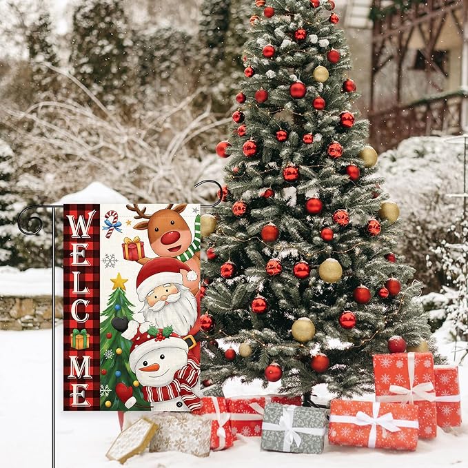 Welcome Christmas Garden Flag Santa Claus, snowman, reindeer12x18 Double Sided Vertical Outdoor Flag for Outside Xmas Farmhouse Flag Winter Holiday Yard Lawn Garden Banner (Welcome Christmas)