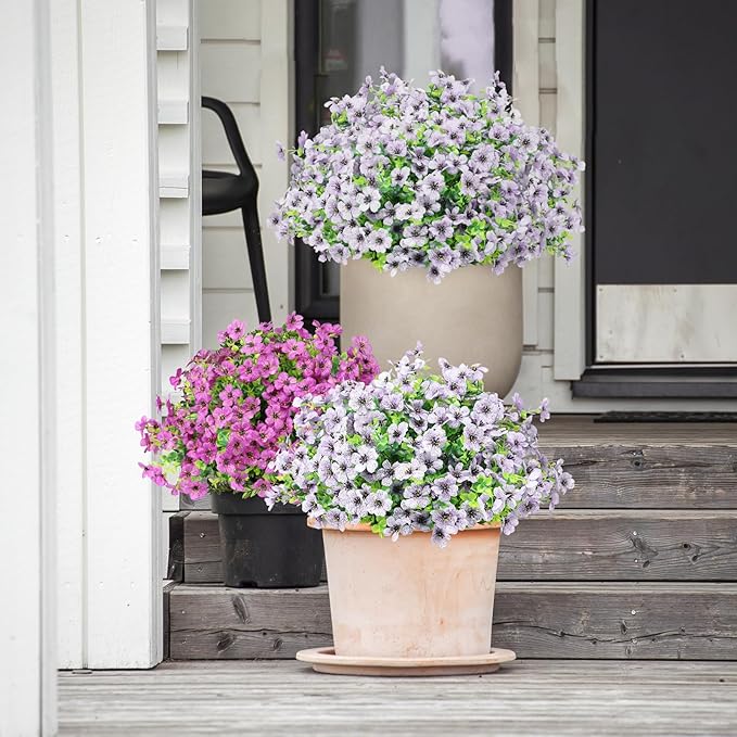 ATTGREAT Artificial Flowers Outdoor Faux Plants UV Resistant Fake Patio Flowers Plastic Greenery Plnats Outside Bulk for Spring Garden Hanging Planter Home Vase Decor, 12 Bundles (White)