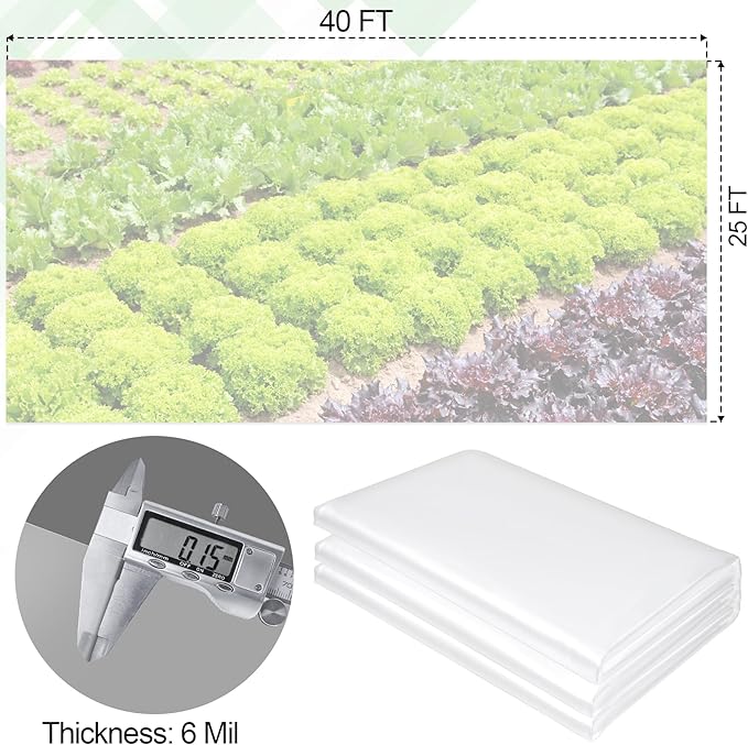 25 x 40 FT Clear Greenhouse Plastic Sheeting, 6 Mil Polyethylene Film Heavy Duty, Water Sun Frost Wind Dust Resistant Winter Hoop House Toughness Plastic Cover for Farming, Gardening, Agriculture, DIY