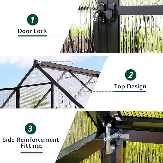 Jocisland 8x12Ft Polycarbonate Greenhouse, Heavy Duty Aluminum Frame with 2 Windows & Swing Doors, Outdoor Garden Greenhouses for Backyard, Black
