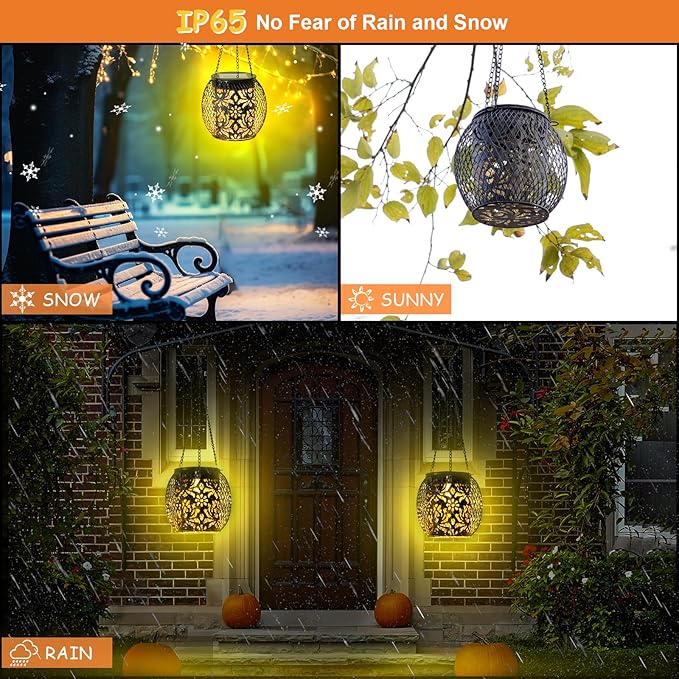 Solar Lanterns Outdoor Waterproof, 4 Pack Hanging Solar Lights Outside Garden Decor, Gifts for Women Mom Grandma Metal Decorative Lantern for Patio Yard Porch Balcony Backyard Lawn(4.6x4.6inch)