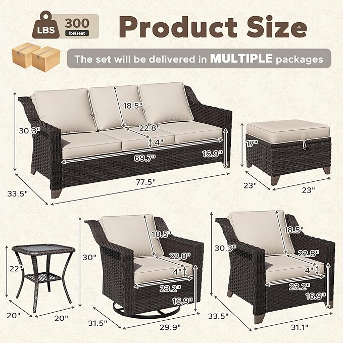11 Pieces Patio Conversation Furniture Set - 1 Sofa, 2 Ottoman, 2 Armchairs, 4 Swivel Chairs, 2 Side Tables, Outdoor Wicker Furniture with Removable Cushions for Porch, Sunroom (Beige)