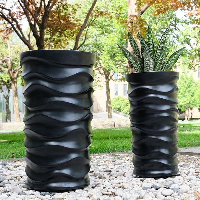 BEYOUDO Tall Planter Outdoor Indoor, 2 Pack Extra Large Plant Pots 20" 18" H Tall Large Tree Planter-Modern Matte Wavy Flower Pot for Indoor Outdoor Proch Decor (Black)
