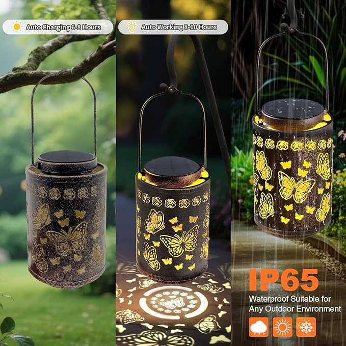 Outdoor Solar Lanterns Waterproof, Monarch Butterfly Decorations, Hanging Metal Butterfly Solar Lantern, Romantic Gift for Her, Valentine’s Day, Birthday or Anniversary Gift for Women Mom