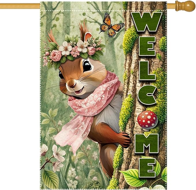Welcome Garden Flag 28x40inch The Nut Squirrel winter Garden Flags Yard Porch House Flag Double-Side For Home Outdoor Yard Patio Lawn Decor, Garden Decorations