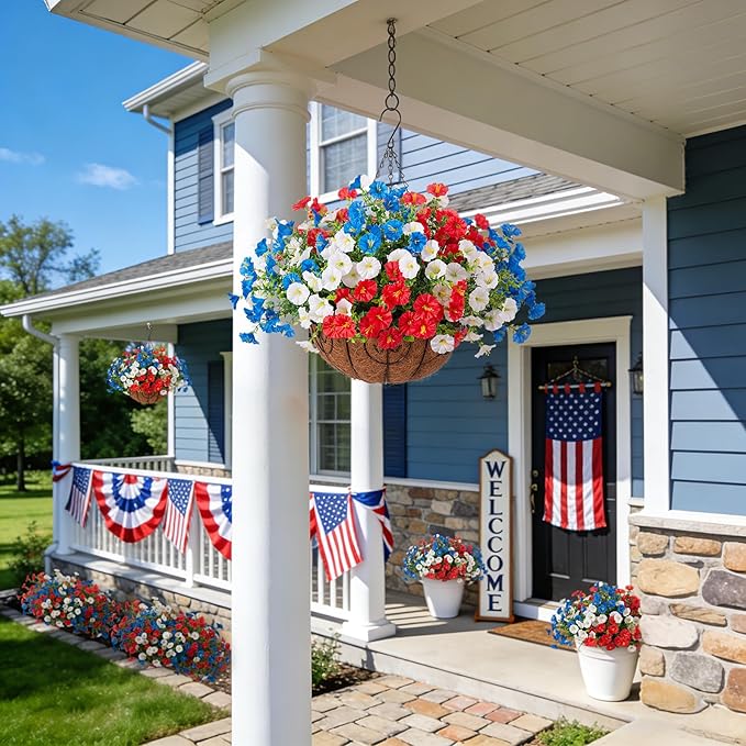 Ammyoo Artificial Fake Hanging Flowers with Basket for Outdoors, Faux Petunias Flowers Fake Hanging Plants with Eucalyptus Realistic UV Resistant for Outside Patio Garden Porch Balcony Yard Decor