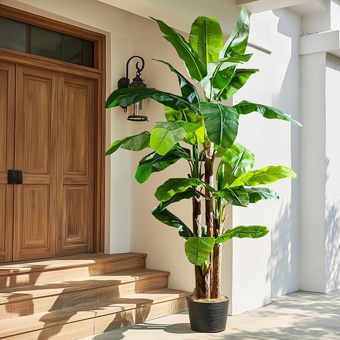 Artificial Banana Tree 9ft, Faux Tropical Palm Tree Plant with Realistic Leaves, Low Maintenance Indoor Outdoor Decor for Home Office Porch, in Nursery Pot
