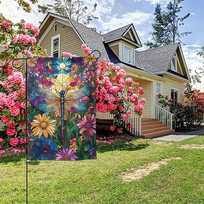 Dragonfly Flowers Garden Flag Vertical Double Sided Outdoor Yard Flags 12.5x18 Inch Burlap Banners for House Lawn