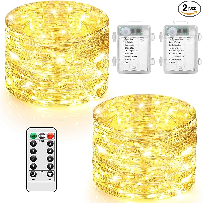 2 Pack 33FT 100 LED Fairy Lights Battery Operated with Timer & Remote, Waterproof Twinkle Lights Indoor Outdoor, 8 Modes Fairy String Lights for Bedroom Classroom DIY Wedding Decorations,Warm White