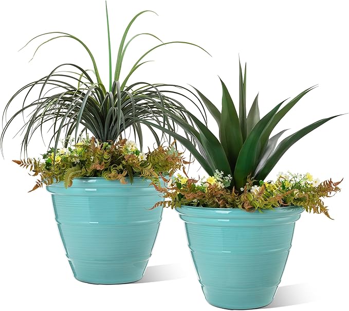 Glitzhome 19.5"D Tall Planters, Large Flower Pots with Turquoise Faux Ceramic Finish, Plastic Tall Planters for Outdoor Plants with Drainage Holes,Round Plant Pots for Front Porch Patio Deck, Set of 2