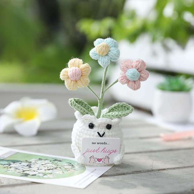 YOOJEE Crochet Sympathy Gifts for Loss of Loved One – No Words, Just Hugs Crochet Puff Flower Plant– Bereavement, Memorial, Get Well Soon, Grief Gift Idea for Loss of Grandpa Grandma Mom Dad