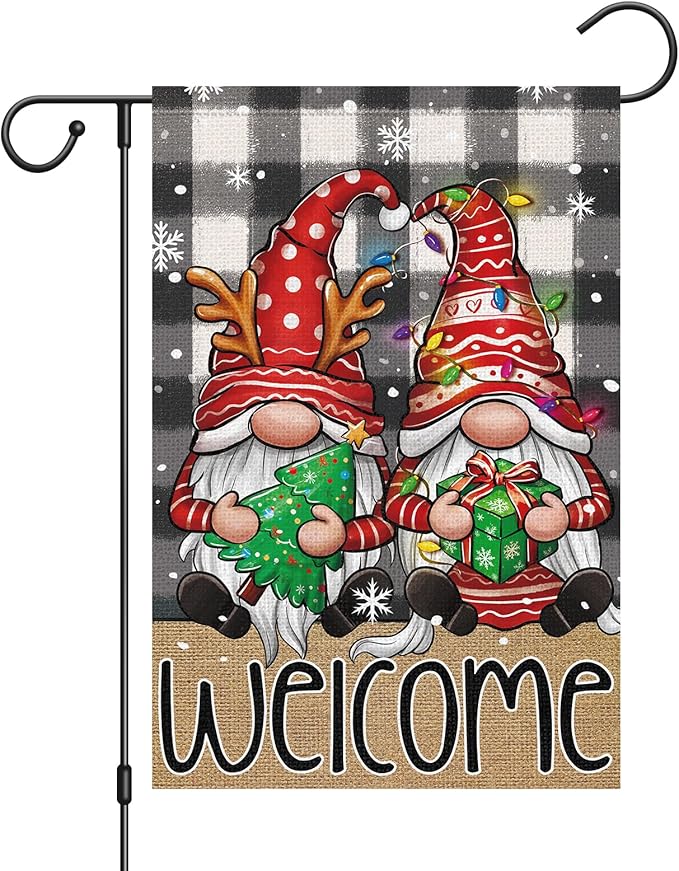Welcome Christmas Garden Flag，Buffalo Plaid Gnome 12x18 Inch Double Sided Burlap Yard Flag for Winter Farmhouse Holiday Outdoor Decor