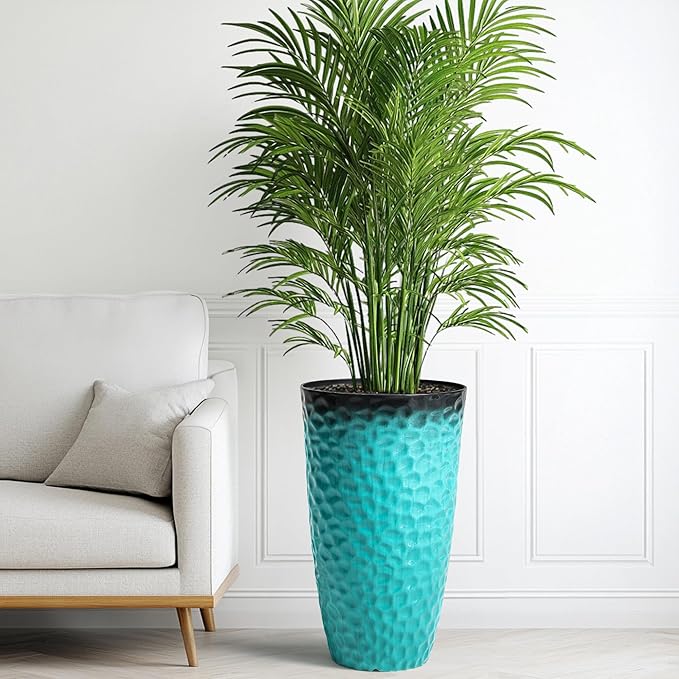 Ultym 23.75" H Large Tall Outdoor Planters, Set of 2 Plastic Large Flower Pots for Outdoor Plants, with Turquoise Teal Honeycomb Texture, Weather-Resistant for Porch, Garden, Patio or Indoor Use