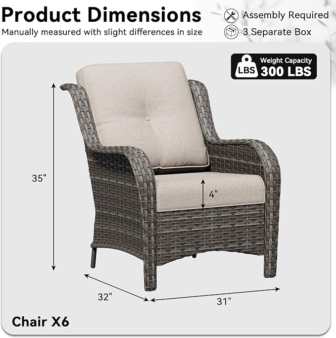 6 Piece Outdoor Wicker Patio Furniture Set, Patio Chairs Set with Thickened Olefin Cushions, High Back and Deep Seating, Hand-Woven PE Rattan for Porch, Deck