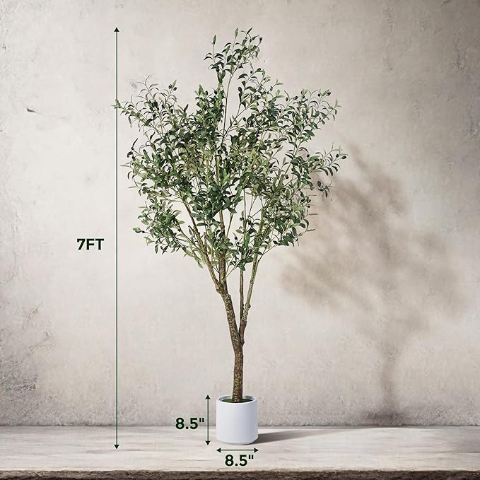 Jocoevol Artificial Olive Tree 7FT, Indoor Fake Silk Plant with Realistic Trunk, Leaves, Fruits and White Planter, Faux Potted Tree for Home Decor and Housewarming Gift, 1 Pack