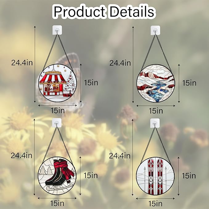 AMDERVEN Stained Glass Window Hanging 4 Pcs Set Winter Skiing Red Christmas House Large 15" - Suncatcher Door Garden Sun Catcher Decor Birthday Mother's Day for Mom Woman Nana Friend