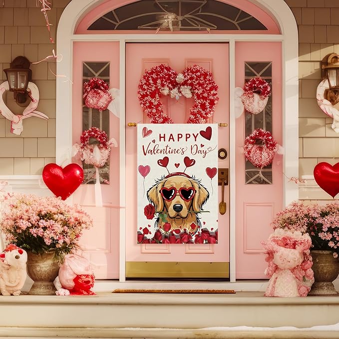 Happy Valentine’s Day Romantic Roses Love Hearts Balloon Dog House Flag Big Large Burlap 28X40 Inch Vertical Double Sided Outside Yard Holiday Outdoor Farmhouse Decoration