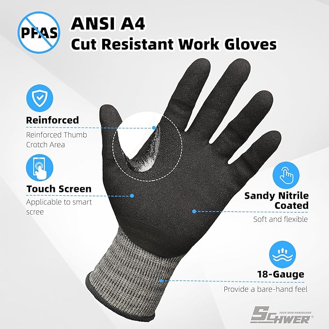 Schwer 6 Pairs ANSI A4 Cut Resistant Work Gloves with Extreme Lightweight & Thin, Sandy Nitrile Touchscreen Safety Working Gloves with Grip, 3D-Comfort Fit, Flexible and Breathable, M, AR5918