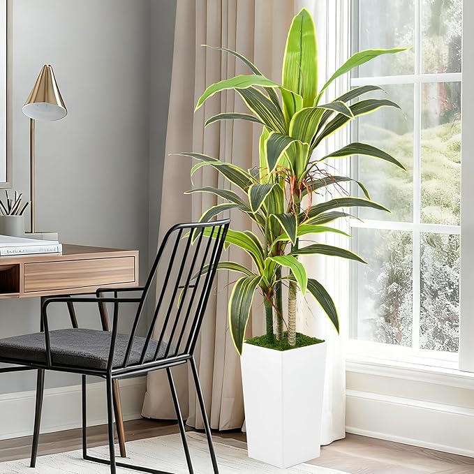 Aritificial Dracaena Tree 5FT with Realistic Trunks and 33 Leaves in Tall White Pot Faux Tropical Yucca Floor Plant for Home Office Decor Indoor Housewarming