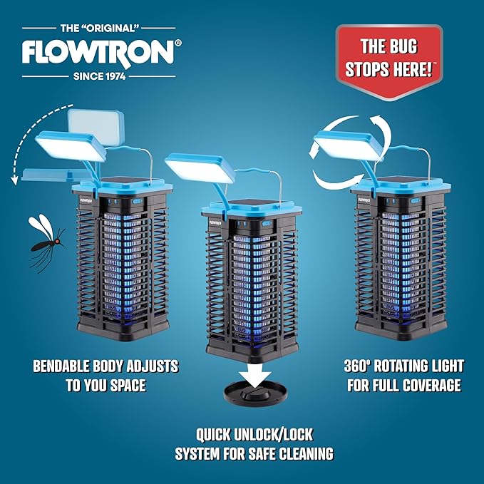 Flowtron Solar Bug Zapper | Portable Electric Insect Killer with UV Light & LED Lamp | USB-C and Solar Charging for 4000 mAh Battery | 530 Sq Ft Coverage from Gnats, Flies for Patio, Yard, Camping