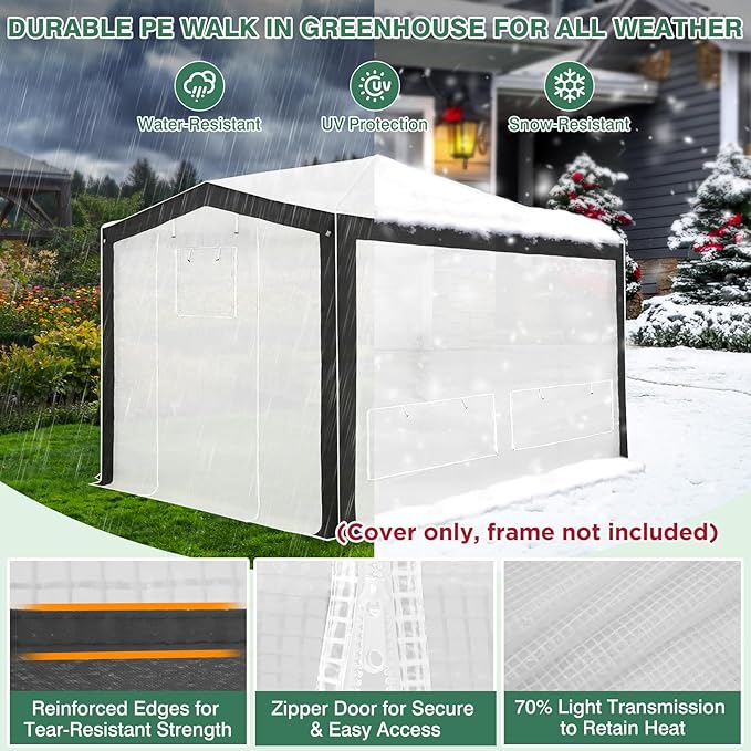 EAGLE PEAK Replacement Cover for 12x8 Pop up Greenhouse with Polyester Reinforced Corners, Front and Rear Roll-Up Zipper Entry Doors and 4 Roll-Up Side Windows (Frame Not Included), Gray/White