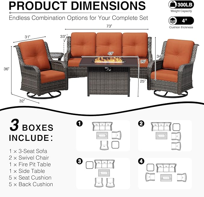 Joyside 5 Piece Wicker Patio Furniture Set with Fire Pit Table, Outdoor Swivel Rocker Patio Chairs with High Back, Deep Seating, Wide Armrest, Thickened Cushions, Outdoor Furniture for Deck, Porch Use