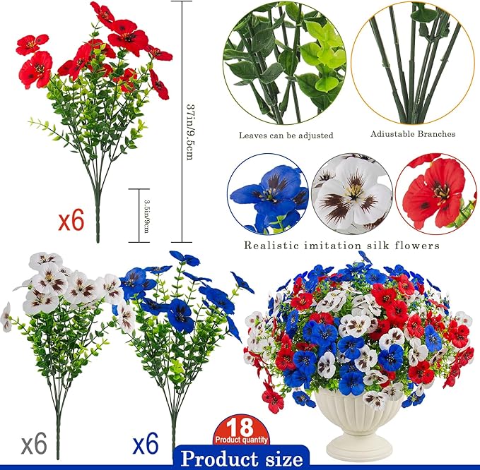 36 Pcs Artificial Fake Pansy Flowers for Outdoor, UV Resistant Faux Silk Pansies Spring Flowers for Outside for Planter Front Door Porch Yard Patio Window Box Home Decor (36, Red, White, Blue)