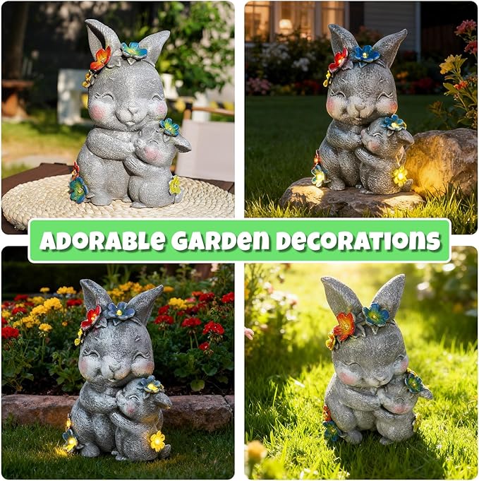 Komothala Solar Garden Statue Light, Resin Rabbit Figurine with Flowers Outdoor Decor for Patio, Lawn, Yard, Housewarming Birthday Gifts Gift for Bunny Lovers, Mom, Grandma, Women (Grey Rabbit)