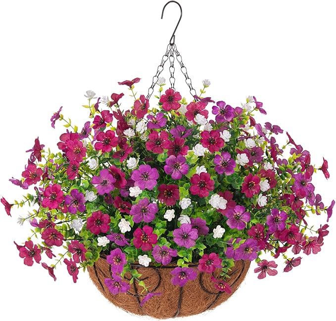 Artificial Fake Flowers Basket for Spring Outdoor Decor, Faux Mums Floral Hanging Plant for Summer Outside Decor, Silk Daisy with Eucalyptus Leaves for Home Patio Garden