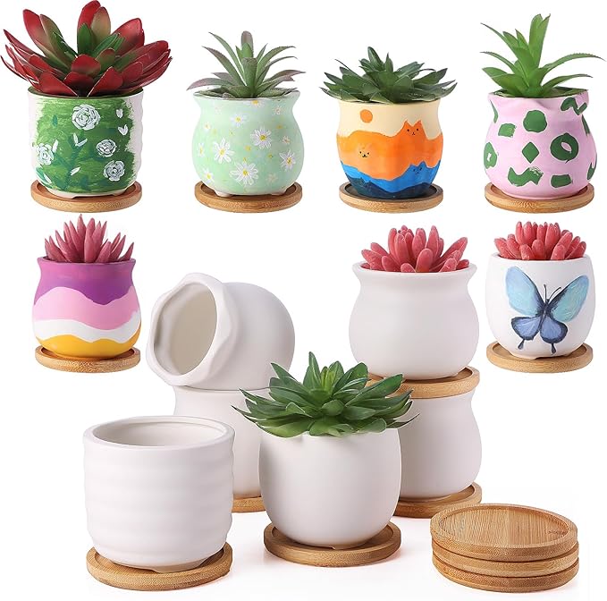 Remerry 12 Pcs 3.5 Inch DIY Ceramic Succulent Pots for Painting Figurines Paint Craft Kit Unpainted Ceramic Bisque Paintable Flowerpots with Drainage Hole Ready to Paint