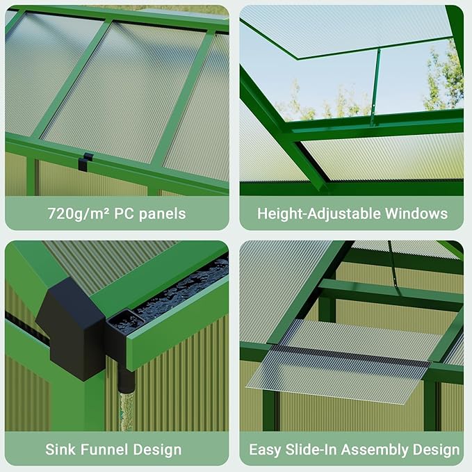 6X8FT Outdoor Greenhouse, Aluminum Polycarbonate House, Green Houses for Outside with Sliding Doors, Ajustable Roof Vent, Withstands Bad Weather for Garden, or Backyard, Green