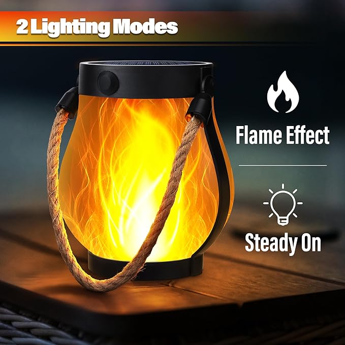 Solar Flame Lantern Hanging Outdoor Waterproof - 2 Pack Flame Lanterns with Dual Charging Modes of Solar & USB for Garden or Yard Decorations (Warm White - 1 Pack)