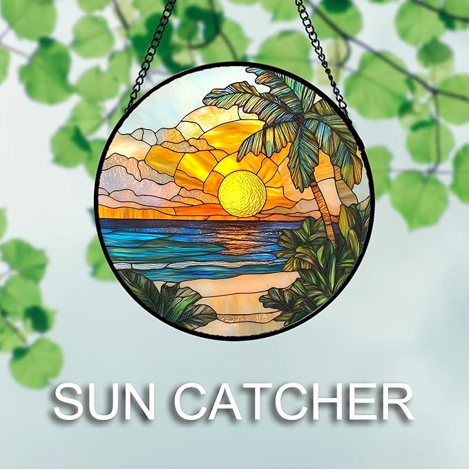 DASTOLL Stained Glass Window Hanging 4 Pcs Set Blue Ocean Coconut Tree Scenery 9.8" - Suncatcher Door Garden Sun Catcher Decor Birthday Christmas for Mom Woman Nana Men