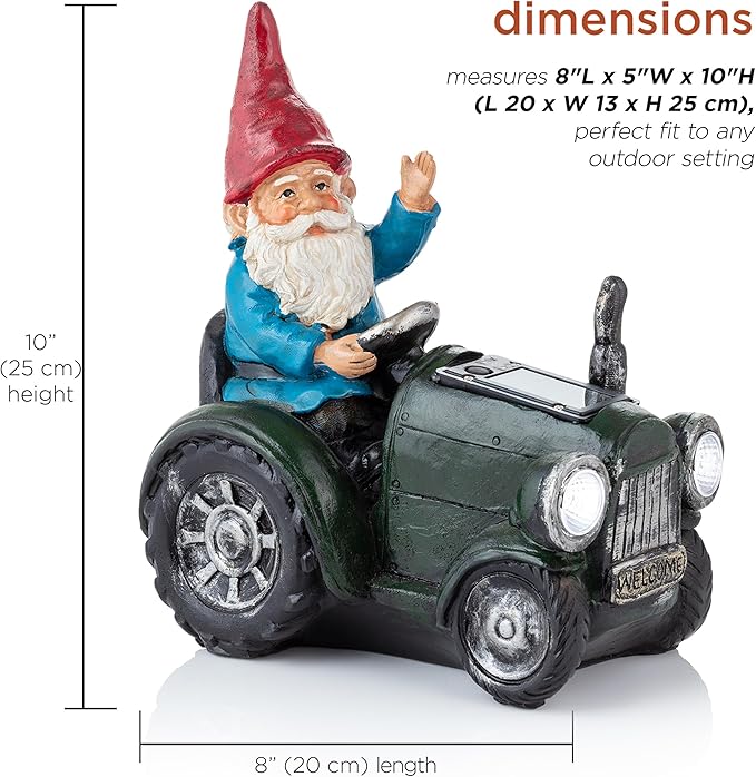 Alpine Corporation WQA1378SLR-GN Outdoor Garden Gnome Riding Green Tractor Solar Yard Statue Decoration with LED Lights, 10"