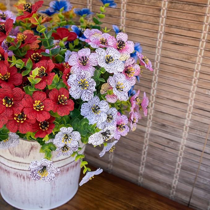 BCBLF Artificial Flowers for Outdoors, 12 Bundles Faux Outdoor Plants, Faux Fake Plants for Porch Patio Yard Planters, Outdoor Faux Flowers, White+Pink+Yellow+Orange+Blue+Red