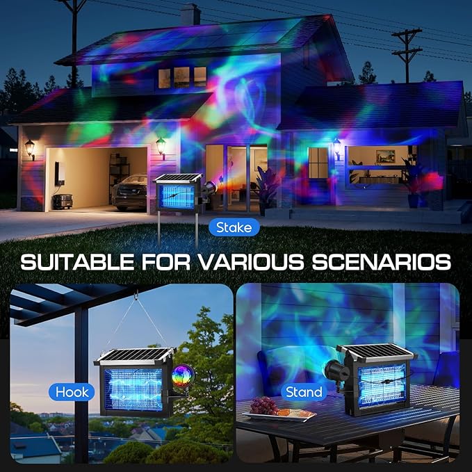 Solar Bug Zapper Outdoor with Projector Lights, 4500V Waterproof Mosquito Zapper, Dual Solar & USB Rechargeable, Smart Dusk to Dawn, Cordless Insect Killer for Patio, Garden, Backyard, Camping