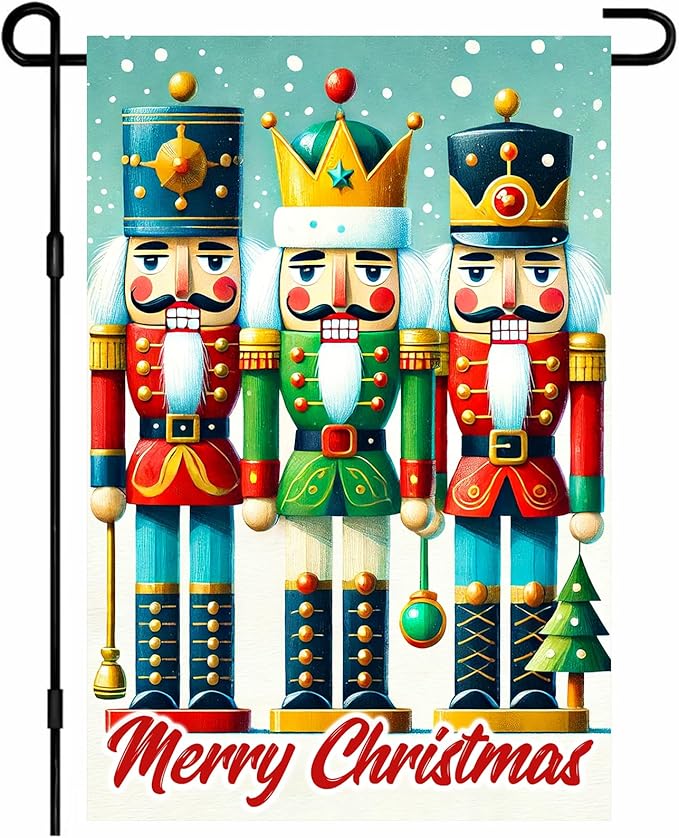IVN Christmas Garden Flag 12x18 Inch Double Sided Colorful Nutcracker Trio with Ornaments Outdoor Yard Flag for Outside Home Front Door Lawn Porch Patio Welcome Decor