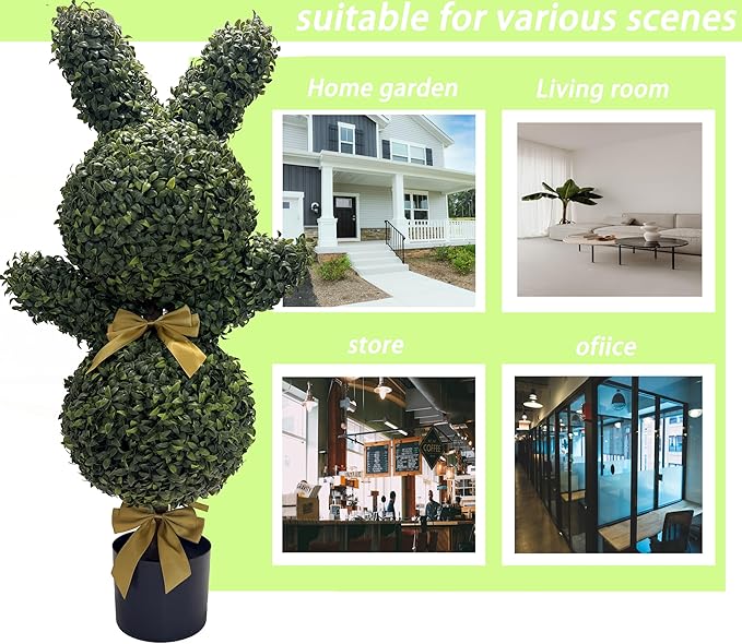 BLONYUVC 36'' Artificial Bunny-Shaped Topiary Double Ball Tree Pot UV-Resistant Bowknot Faux Boxwood Topiaries Plant for Porch Decor Outdoor/Indoor 2 Pack
