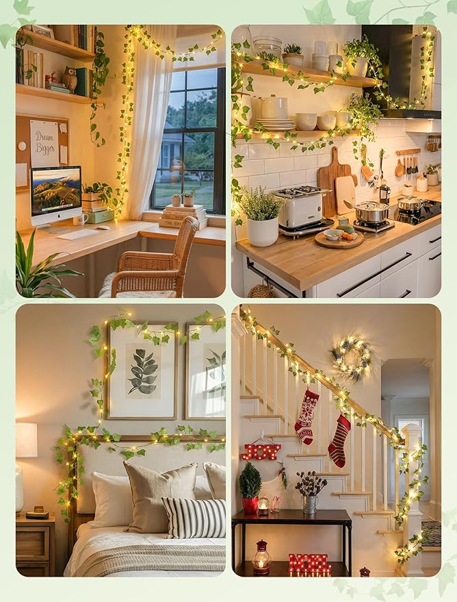 Vines with Fairy Lights,13ft Ivy Garland String lights with Remote,40 LED Fake Leaf lights USB/Battery Operate for Dorm,Bedroom,Wall,Celling,Curtain,Photo, Wedding,Christmas Decor(Warm White)