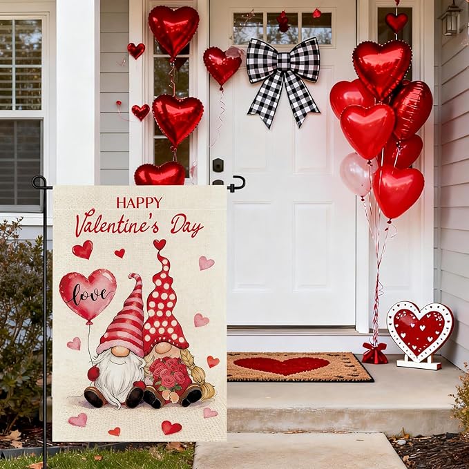 pretty_jessie Valentines Day Garden Flag 12x18 Inch Double Sided, Happy Valentine's Day Love Hearts Gnomes Burlap Yard Flag Anniversary Patio, Porch, Backyard Outdoor Decorations