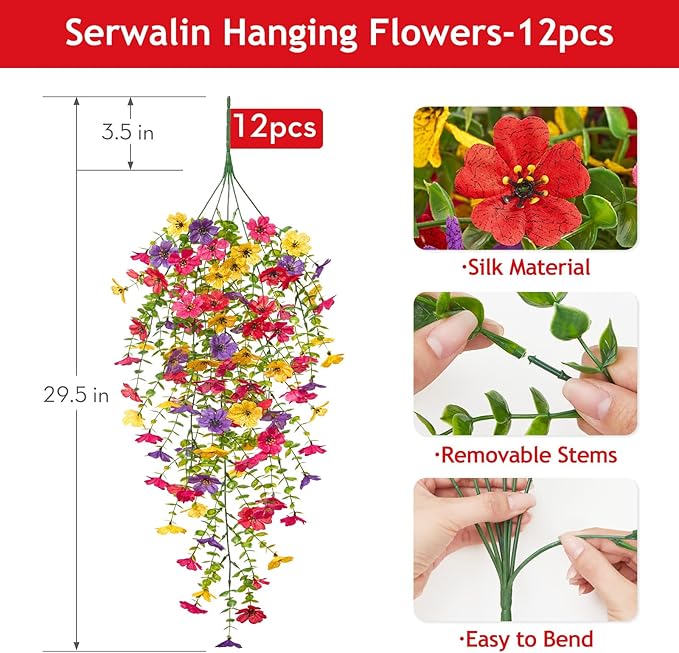 Serwalin 12PCS Artificial Fall Flowers for Outdoors Decoration, Realistic Silk Artificial Fall Hanging Flowers for Patio, Garden, Porch, Window, Outside (Spring Color,12PCS)