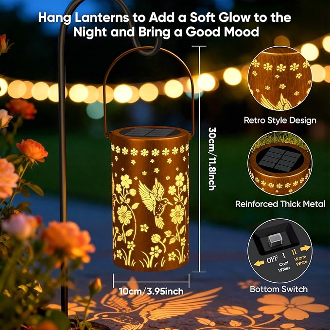 NFEVER Solar Lanterns Outdoor Waterproof: 2 Pack Hummingbird Decor Valentines Day Gifts for Her - 2 Modes Vintage Metal Hanging Solar Lights for Outside Patio Porch - Gardening Gifts for Women Mom