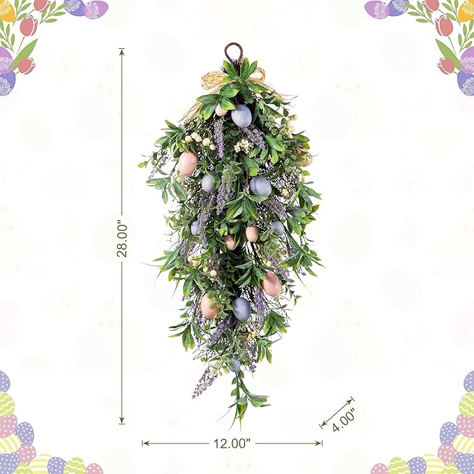Glitzhome Easter Teardrop Wreath 28" Spring Easter Egg & Lavender Wreath Artificial Teardrop Swag for Front Door Porch Wall Decor