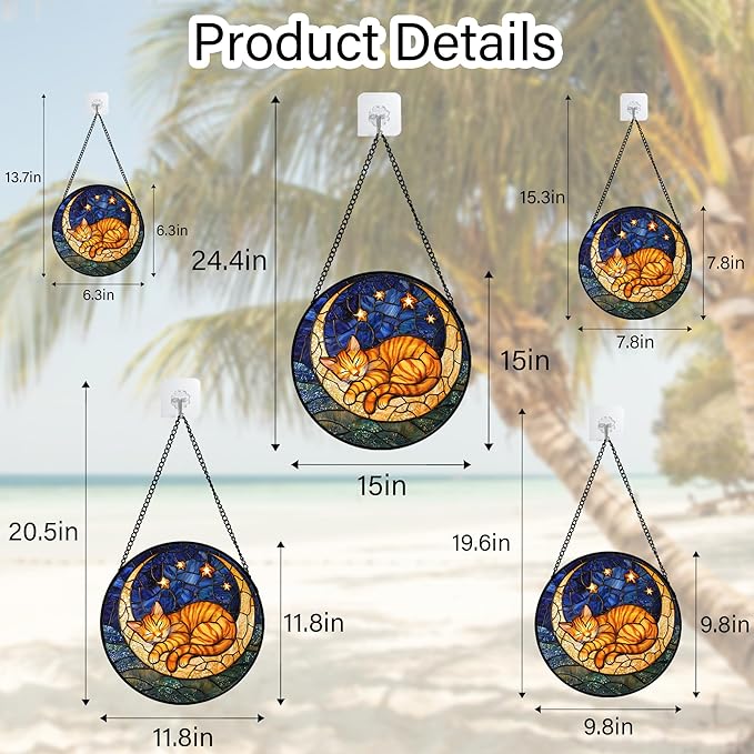 AMDERVEN Stained Glass Window Hanging - Orange Moon Sleeping Cat Sun Catcher for Door Home Decor Blue Starry Sky Suncatcher Christmas Mother's Day Birthday Gifts for Women Men Mom Nana 15 in