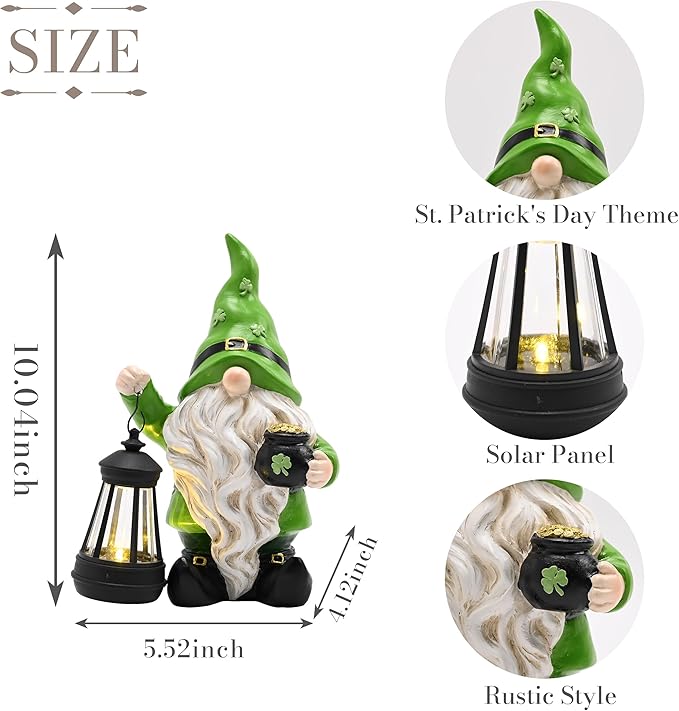 TERESA'S COLLECTIONS St Patricks Decorations for Outdoor Decor, Resin Garden Gnome Holding Lantern with Solar Lights for Porch,Shamrock Leprechaun Figurine for Outside, Irish Gifts for Home,10"