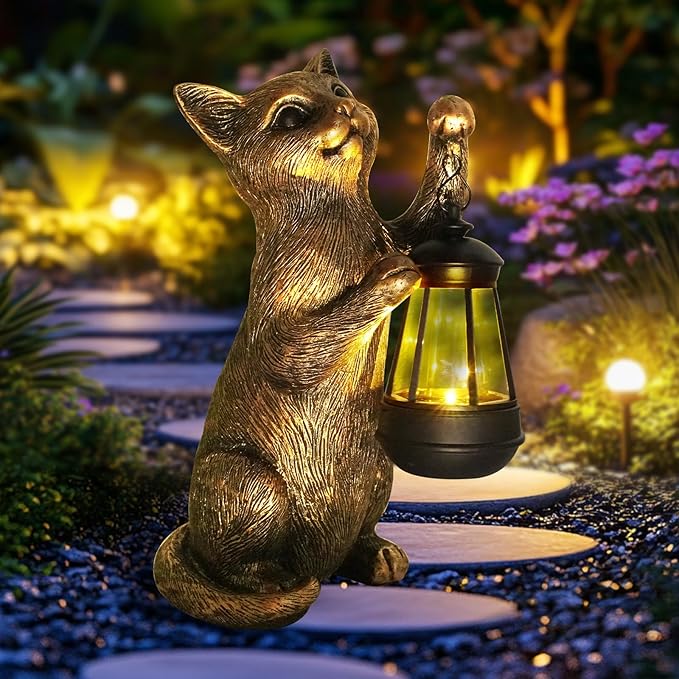 HONGLAND Cat Outdoor Statues Garden Decor, Cat Figurines Solar Lantern Lights, Birthday Gifts for Mom, Front Patio Balcony Yard Art Lawn Ornaments Porch Outdoor Decorations
